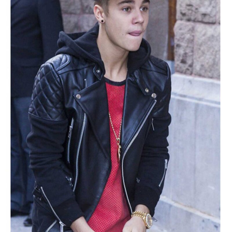 Justin Bieber Black Leather Jacket with Hood