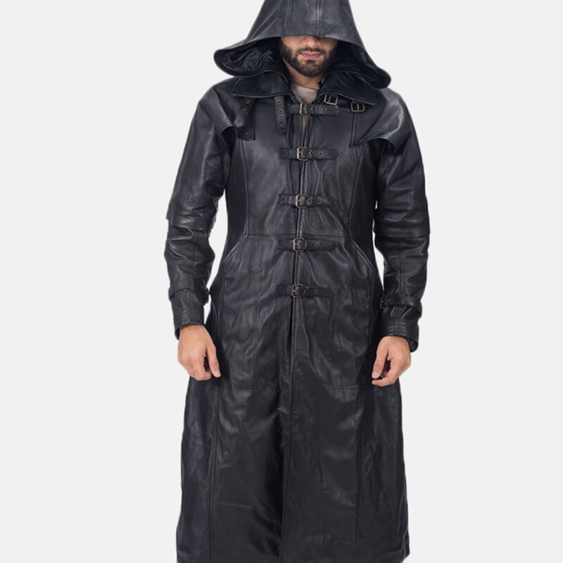 Men’s Buckle Style Leather Trench Coat with Hood