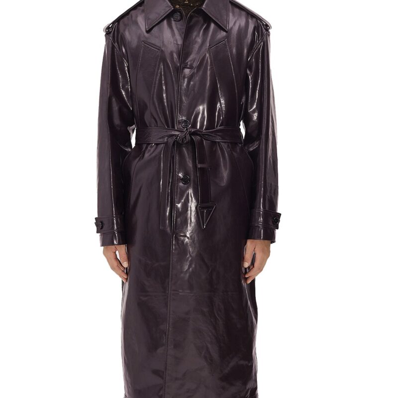 Men’s Shiny Trench Leather Coat with Removable Hood