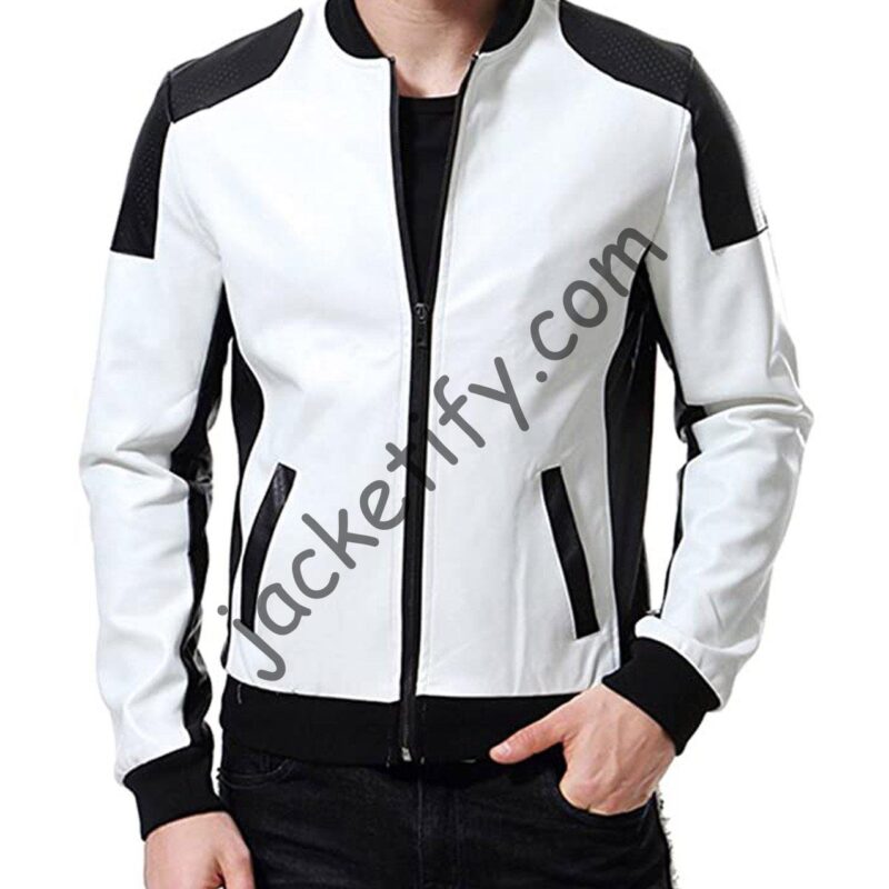 Men’s Black and White Biker Bomber Leather Jacket