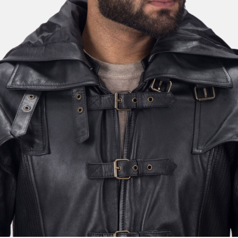 Men’s Buckle Style Leather Trench Coat with Hood