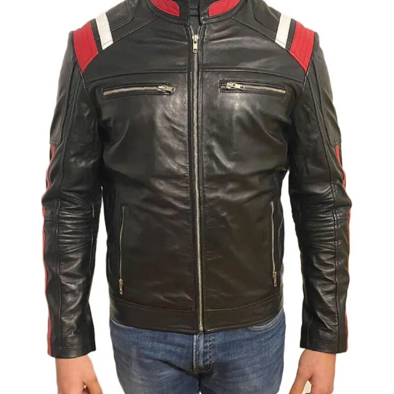 Men’s Retro Style Zipper Black Real Leather Biker Jacket