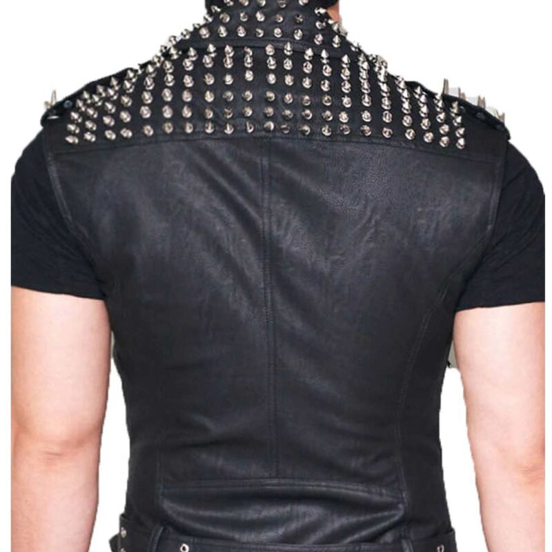 Men’s Belted Style Studded Black Leather Vest