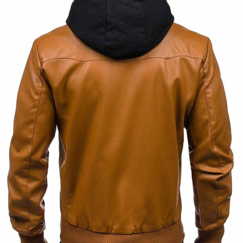 Men’s Causal Camel Brown Bomber Leather Jacket With Hoodie
