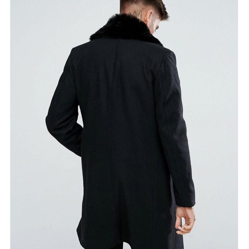 Men’s Double Breasted Wool Overcoat with Faux Fur Trim