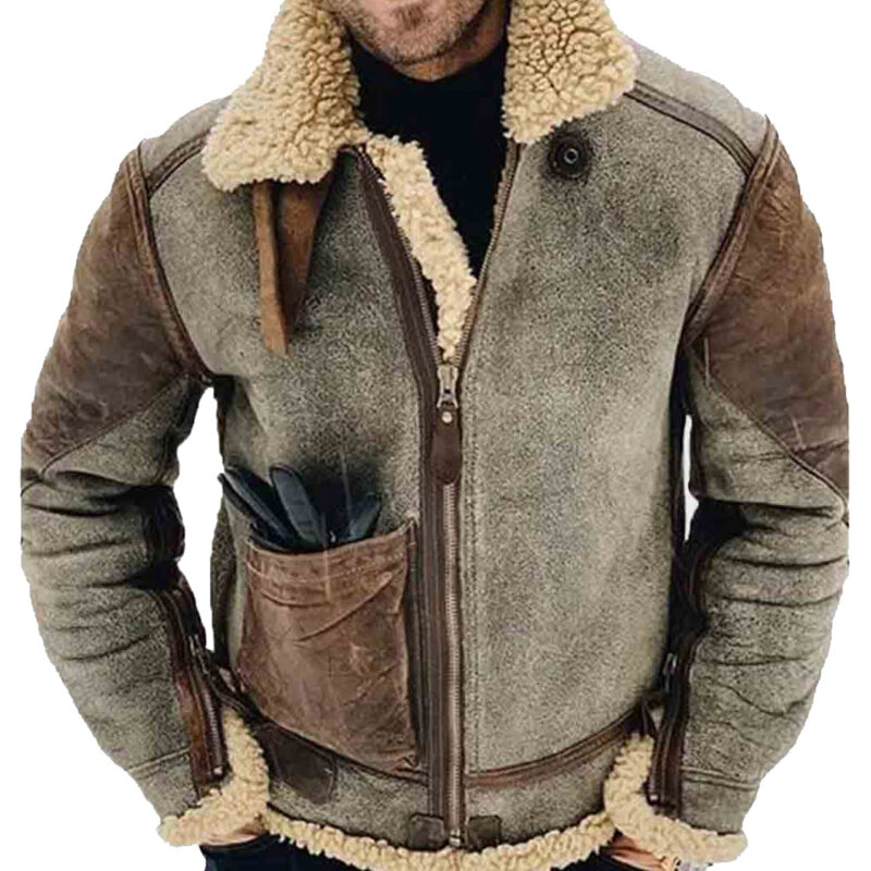 Men’s WJC02 Grey and Brown Shearling Leather Jacket