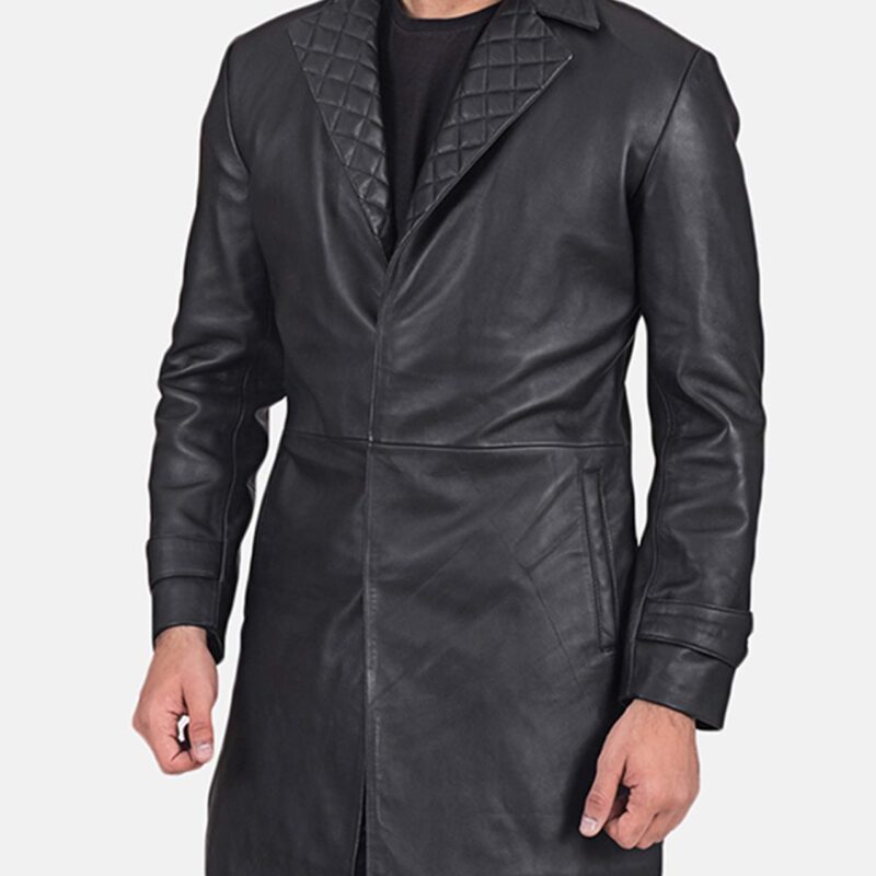 Men’s Infinity Notch Quilted Collar Black Leather Coat
