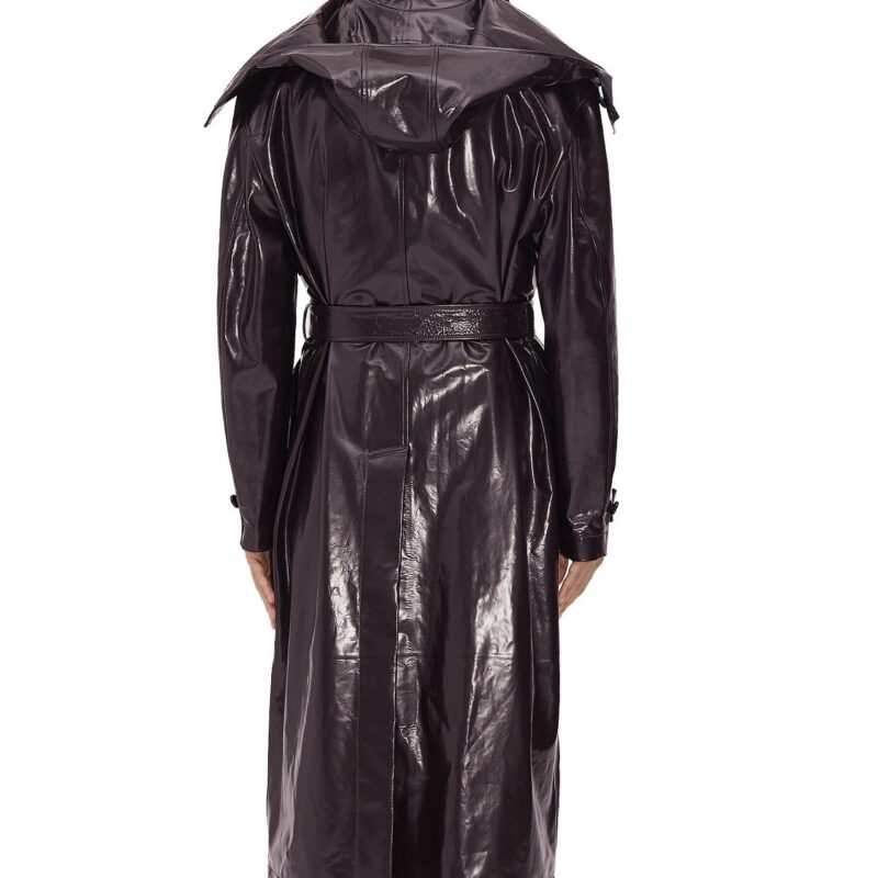 Men’s Shiny Trench Leather Coat with Removable Hood