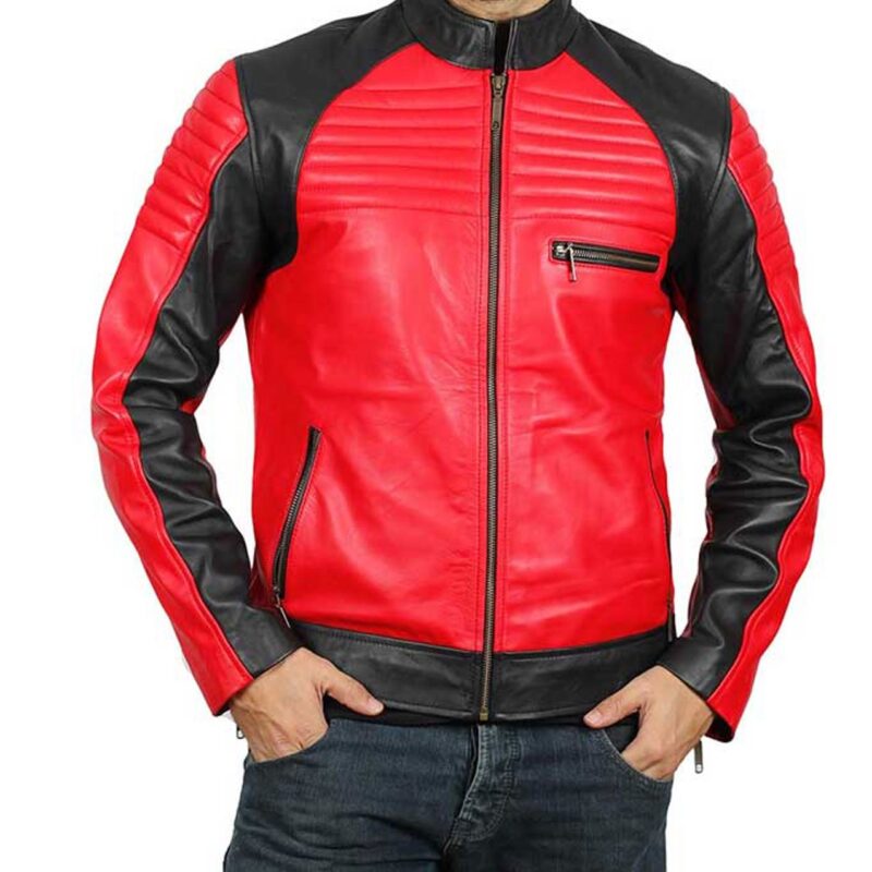 Men’s Padded Motorcycle Red and Black Leather Jacket