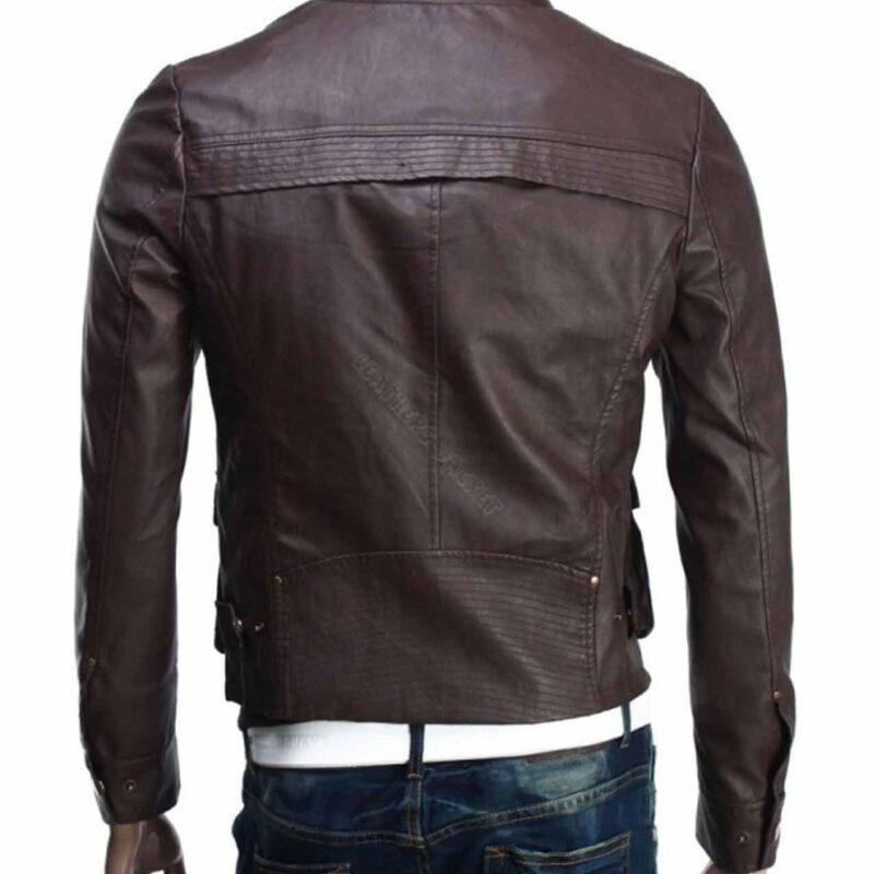 Men’s Cargo Pockets Slim Fit Asymmetrical Brown Leather Jacket