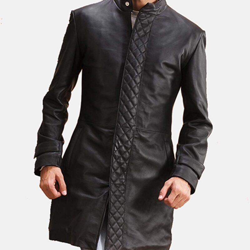 Men’s Mid Length Diamond Quilted Black Leather Coat