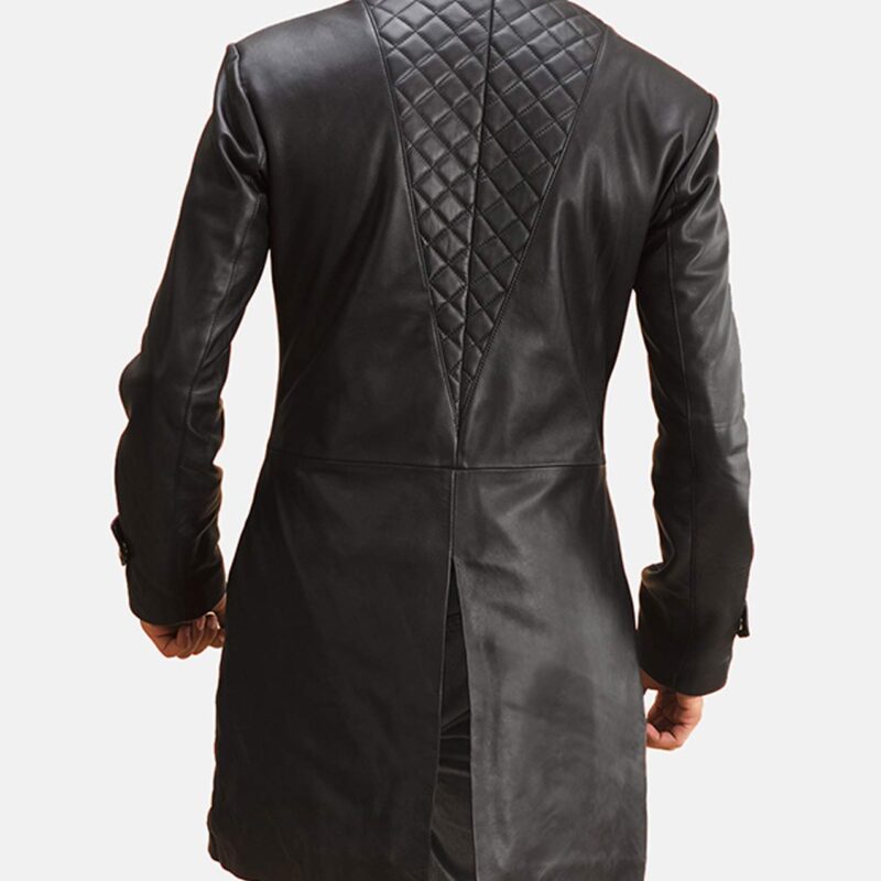Men’s Mid Length Diamond Quilted Black Leather Coat