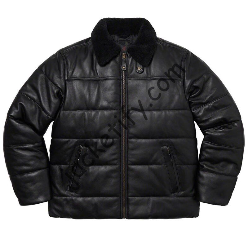 Puffer Fur Collar Leather Jacket