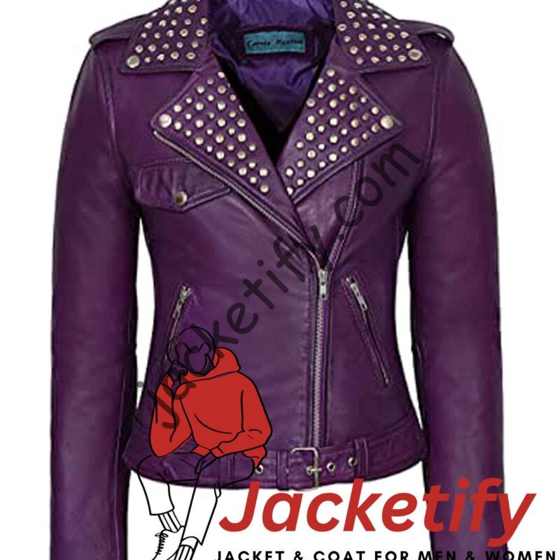 Women’s Purple Studded Biker Leather Jacket