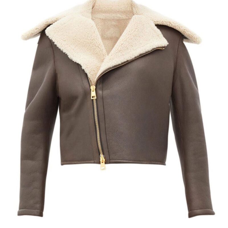 Women’s Chocolate Brown Faux Shearling Real Sheepskin Leather Jacket