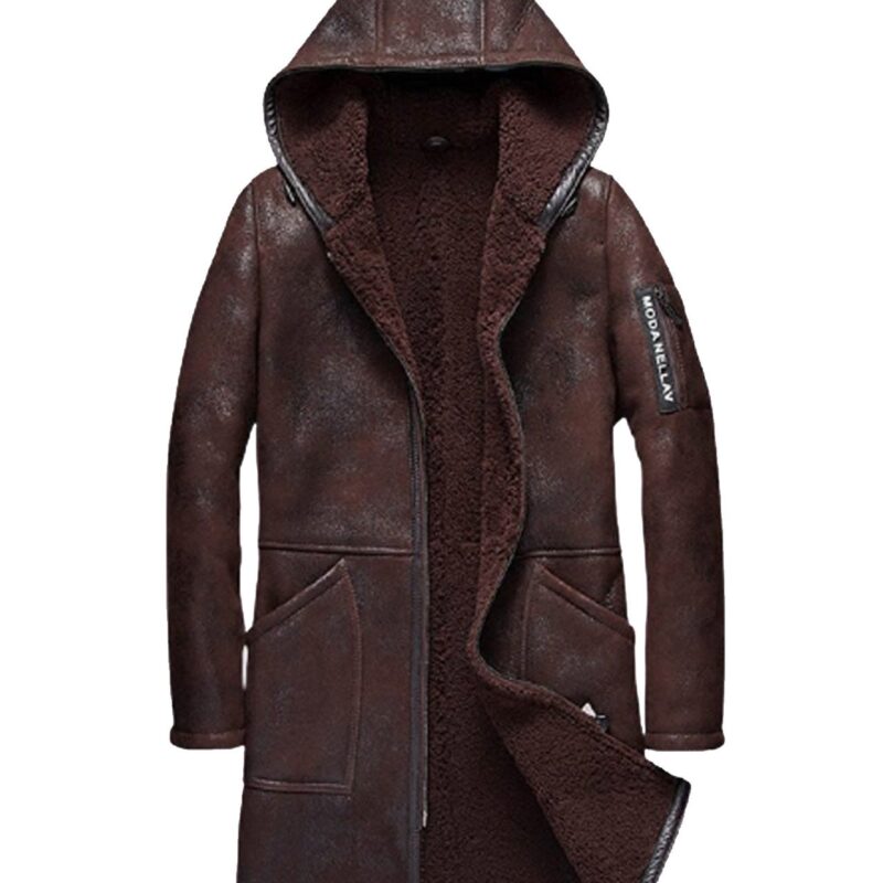 Men’s Dark Brown Shearling Leather Hooded Coat
