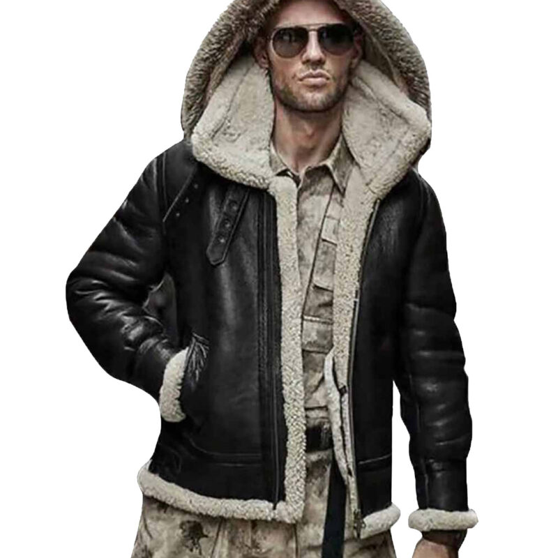Men’s WJC05 Belted Collar Shearling Leather Jacket with Hood
