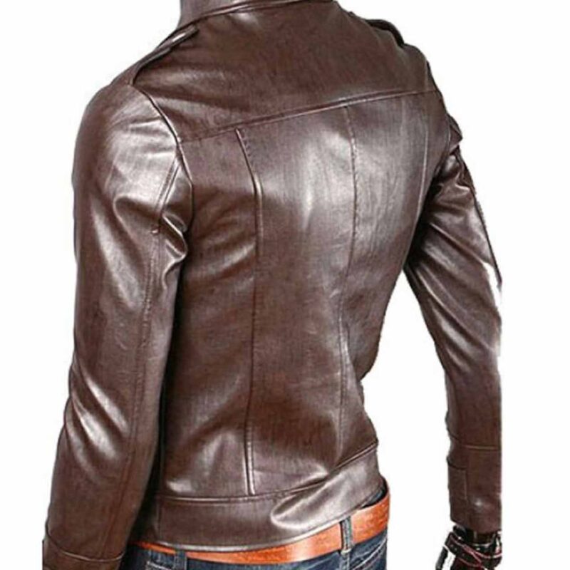 Men’s Slim Fit Asymmetrical Brown Faux Leather Biker Jacket