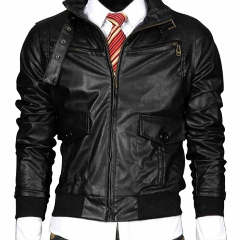 Men’s Buckle Collar Slim Fit Bomber Black Leather Jacket