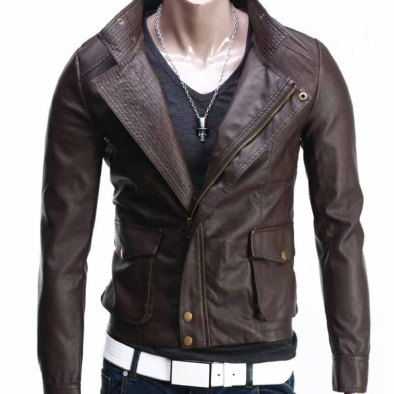 Men’s Cargo Pockets Slim Fit Asymmetrical Brown Leather Jacket