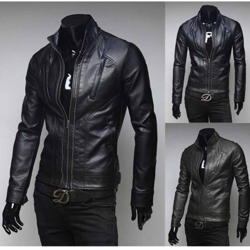 Men’s Stand Collar Designer Slim Fit Black Faux Leather Jacket