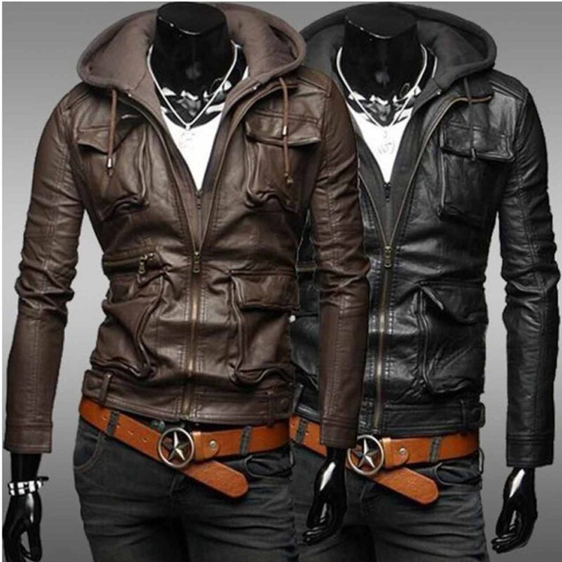 Men’s Black/Brown Slim Fit Leather Jacket with Hood