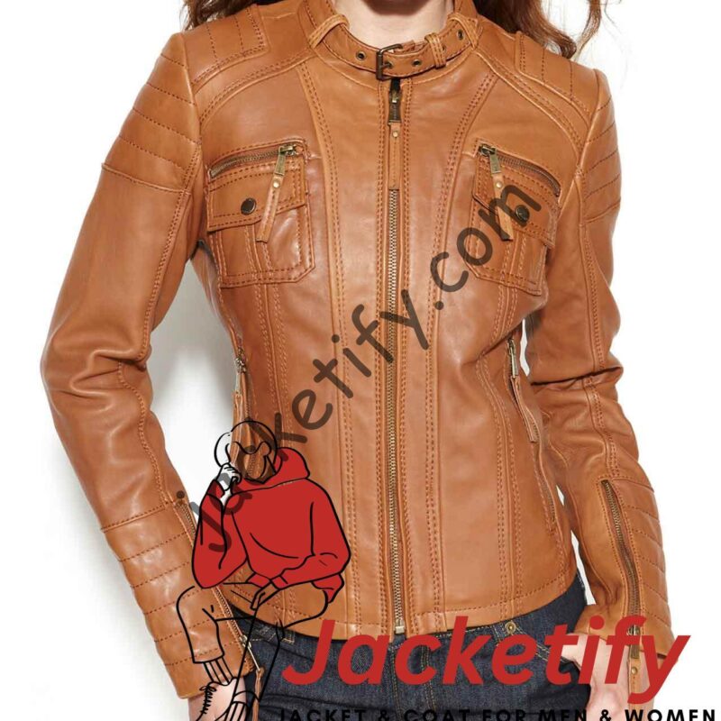 Women’s Buckle Collar Brown Leather Biker Jacket