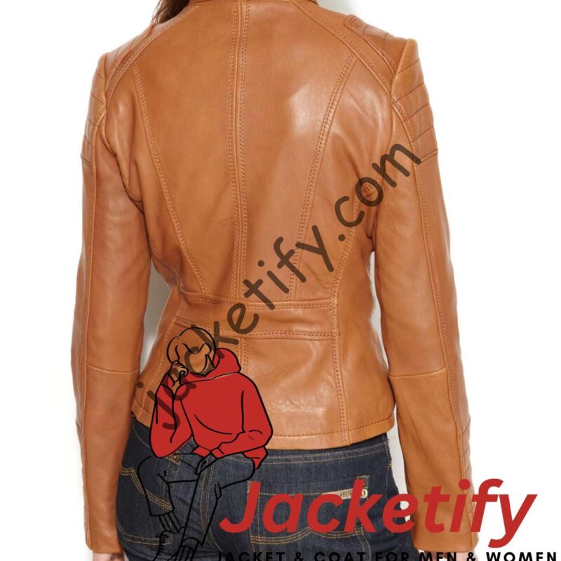 Women’s Buckle Collar Brown Leather Biker Jacket