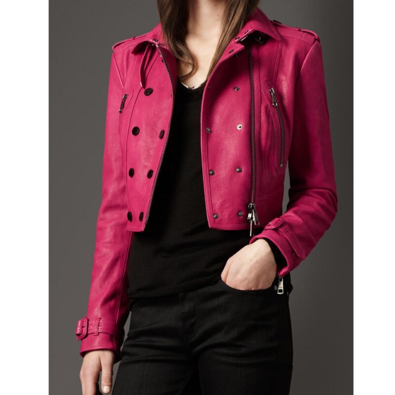 Women’s Fuchsia Cropped Pink Leather Biker Jacket