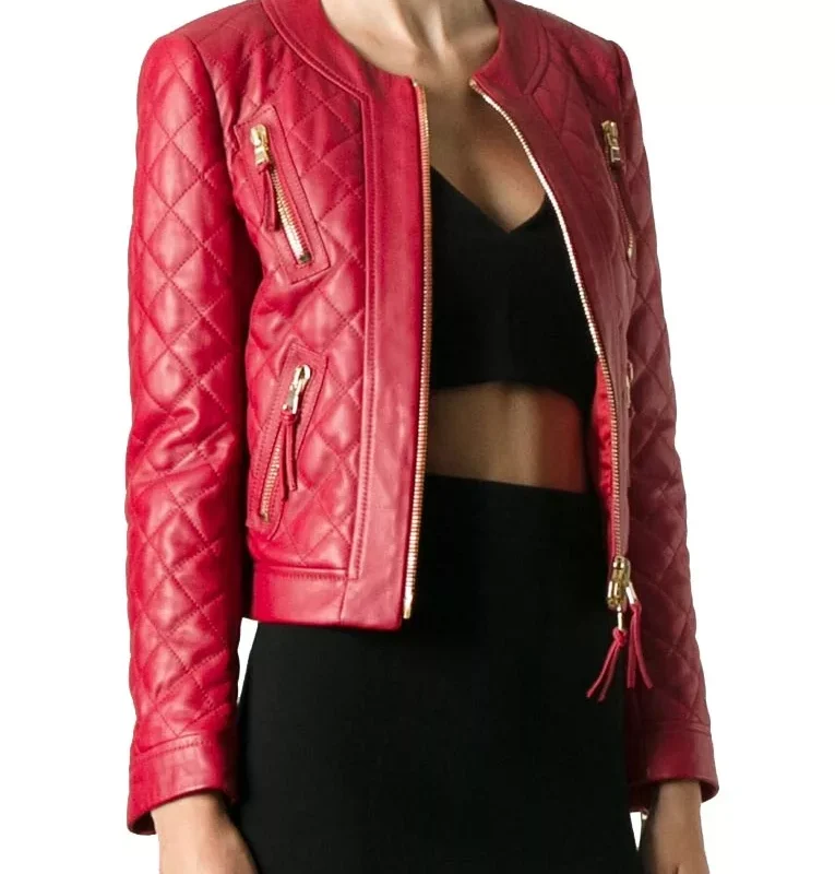 Women’s Red Leather Quilted Jacket