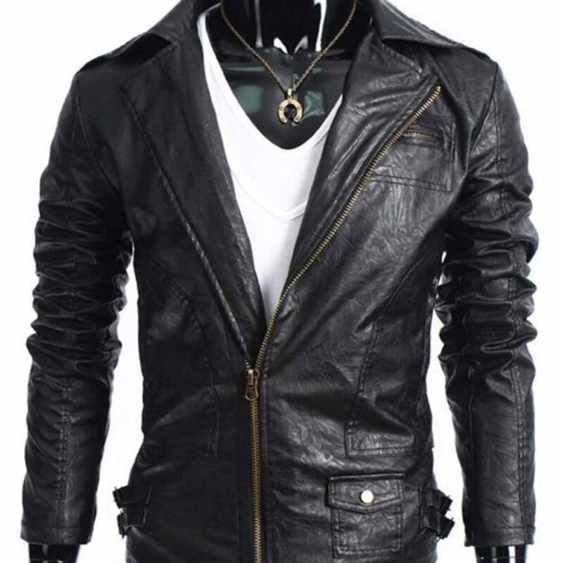 Men’s Biker Slim Fit Wrinkled Asymmetrical Leather Jacket